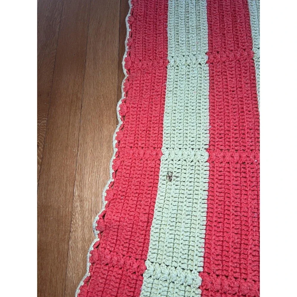 Handmade Crochet Striped Afghan Blanket Lap Throw 71x50 Coral Green Cottage